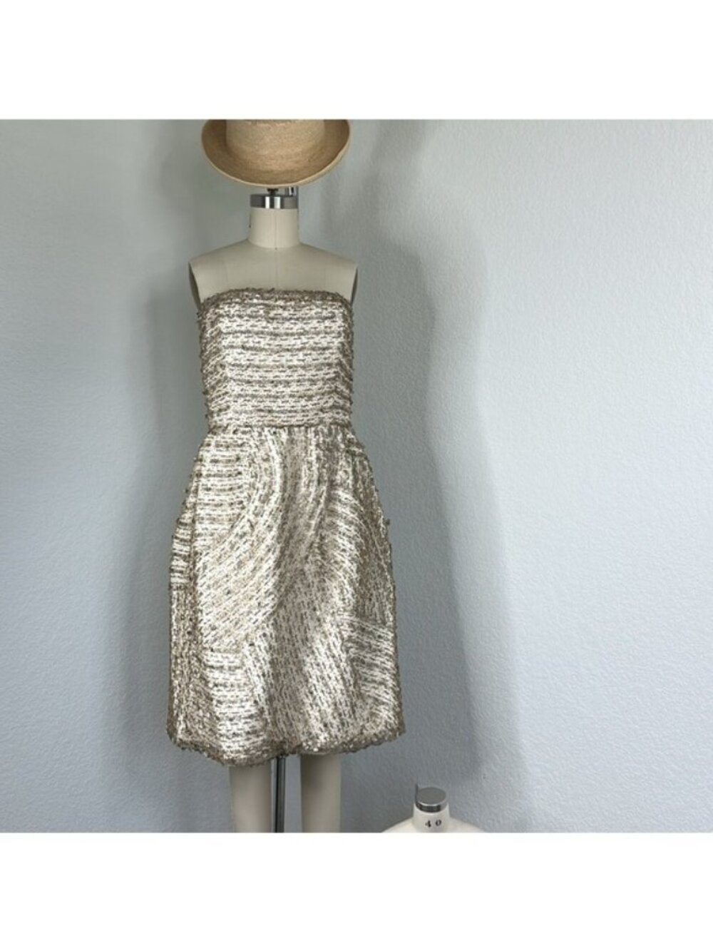 Oscar de la Renta RC 11 Sequin Silk Strapless Waited Bodice Textured Dress Mini